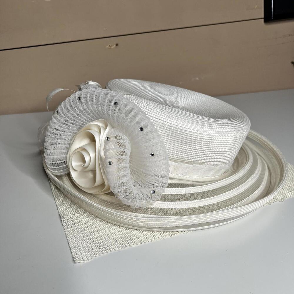 Dgorgeous Fashions Hat Sun Hat Womens One Size White Wide Brim Rhinestone Church